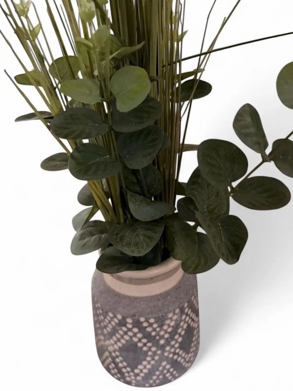 Decorative Gray Patterned Ceramic Vase with Green Faux Greens